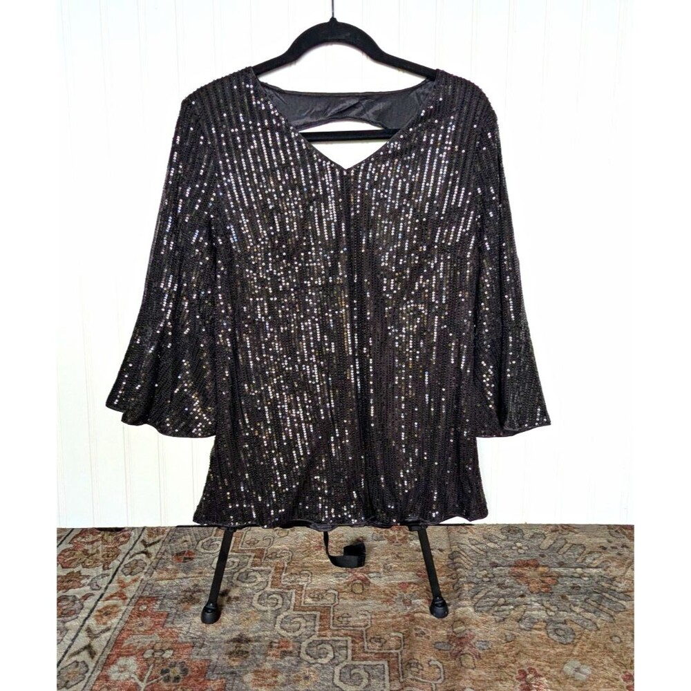 Black Sequin V-Neck 3/4 Bell Sleeve Whimsical Keyhole Blouse L